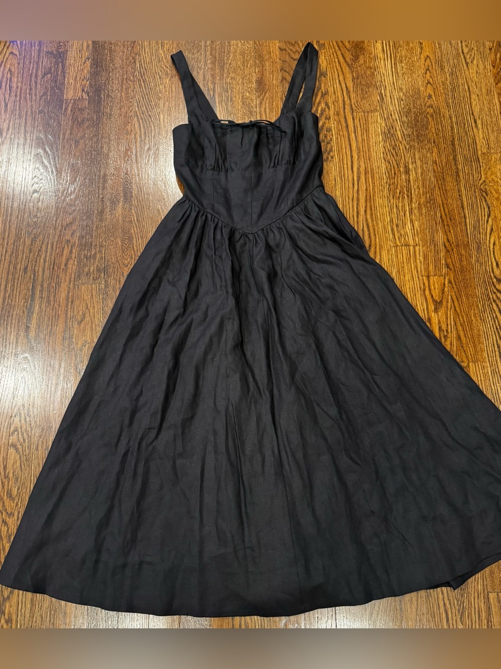 Reformation Tagliatelle Linen Dress Black Square Neck Lace Trim Midi 6 NEW